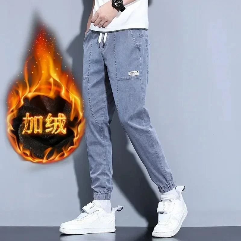 Jeans Open Pants Men's Fall/Winter Fleece-Lined Thick Loose Ankle Banded Working Pants Harem Casual Pants