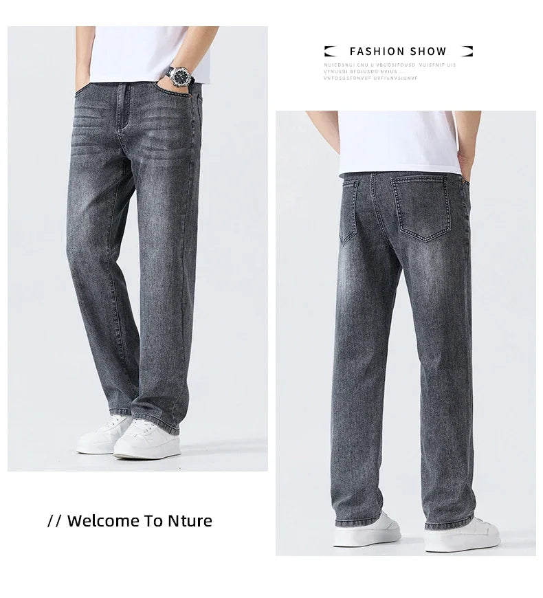 Summer Thin Straight Jeans Men's Clothing Soft Breathable Trousers Male Brand Comfortable Business Loose Denim Pants