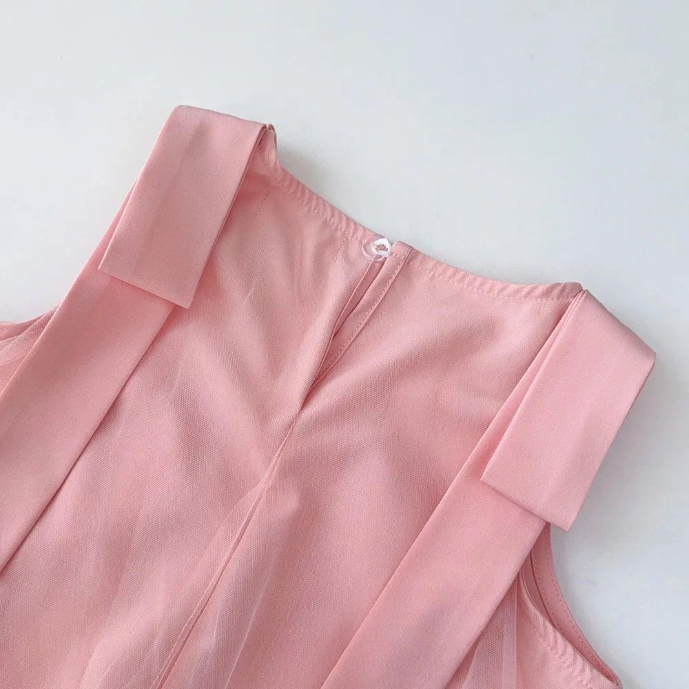 Pink Dreamy Sweet Girl Fairy Princess Dress Sleeveless Bow Decoration Mesh Lace Children's Casual Clothes Birthday Party Summer