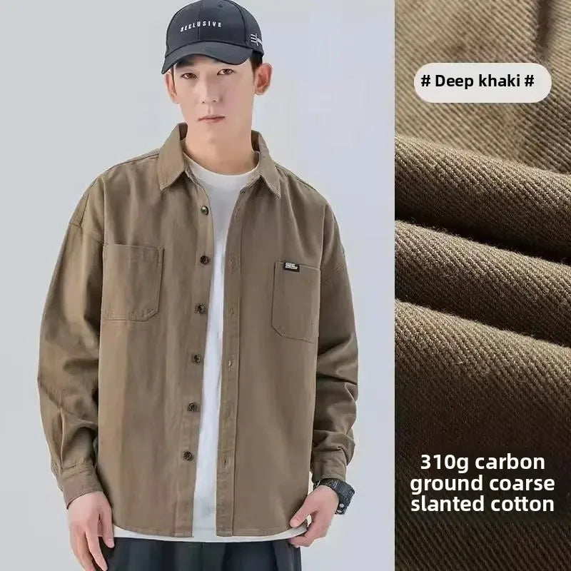Retro Japanese Style Long Sleeve Workwear Shirt Men's Loose Casual Coat with Pocket Youth Versatile Spring Autumn Fashion
