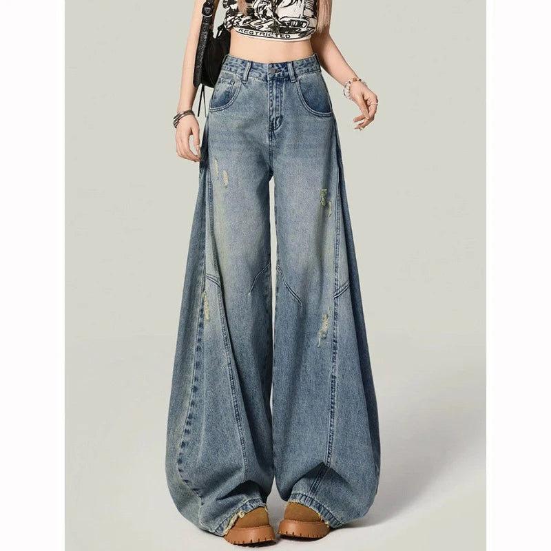 New Designer Women Thin Solid Jeans Girls Fashion High Waist Straight Leg Pants Lady Chic Ripped Baggy Denim Trousers