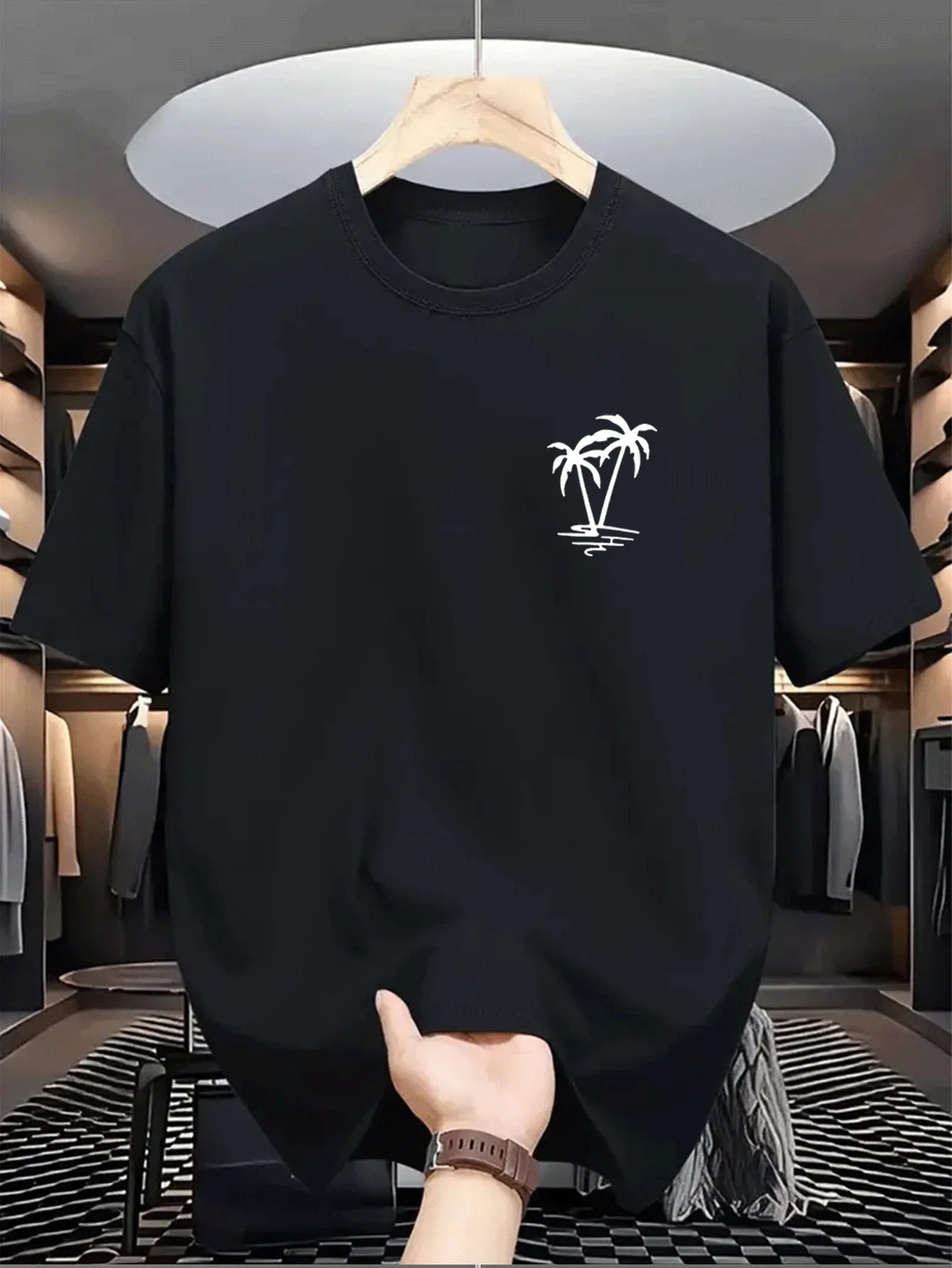 Men's summer  cotton fashionable casual loose coconut tree pattern printed sports round neck short sleeved T-shirt top