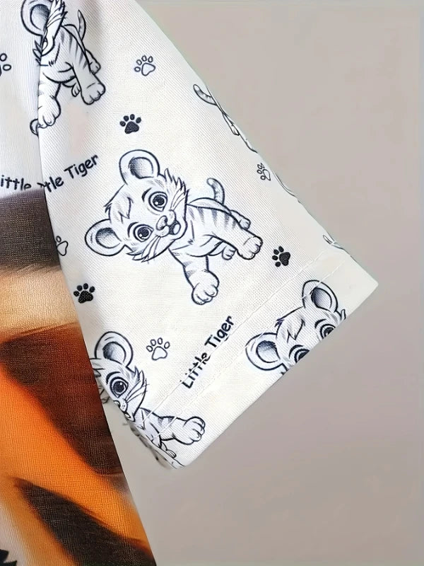 Toddler Tiger Graphic 2-Piece Outfit Set: White Cartoon Tiger T-Shirt + Red Shorts (0-3T) - Cute Kids Summer Casual Clothes