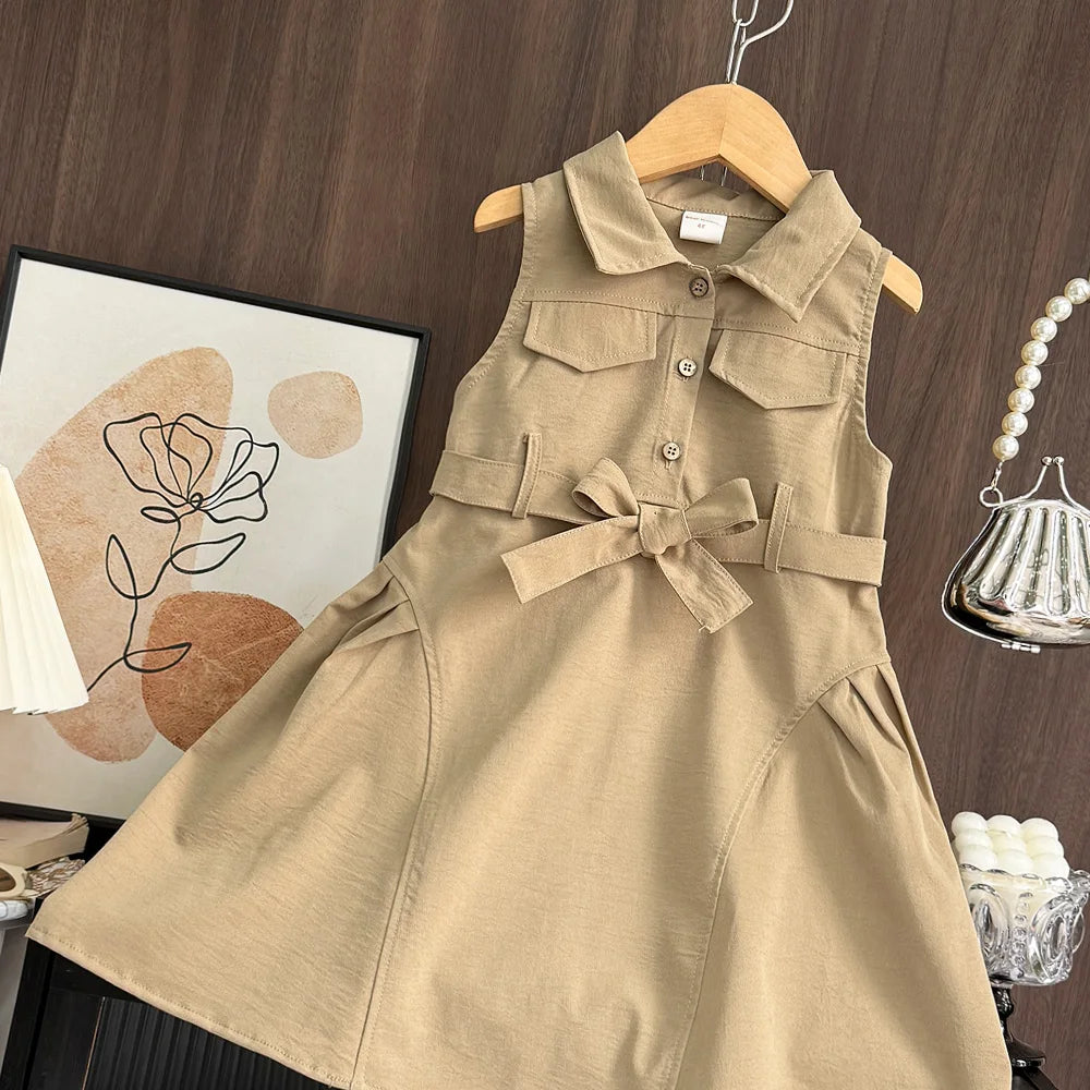 Bear Leader Fashion Girls Windbreak Dresses Summer Sleeveless Work Outfits with Waistband Solid Color Kids Clothes