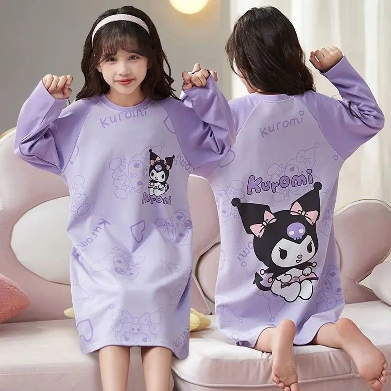 Sanrio My Melody Girls Pajama Kuromi Spring Autumn Long Sleeve Pure Cotton Children's Nightgown Cute Sleepwear Robe Loungewear
