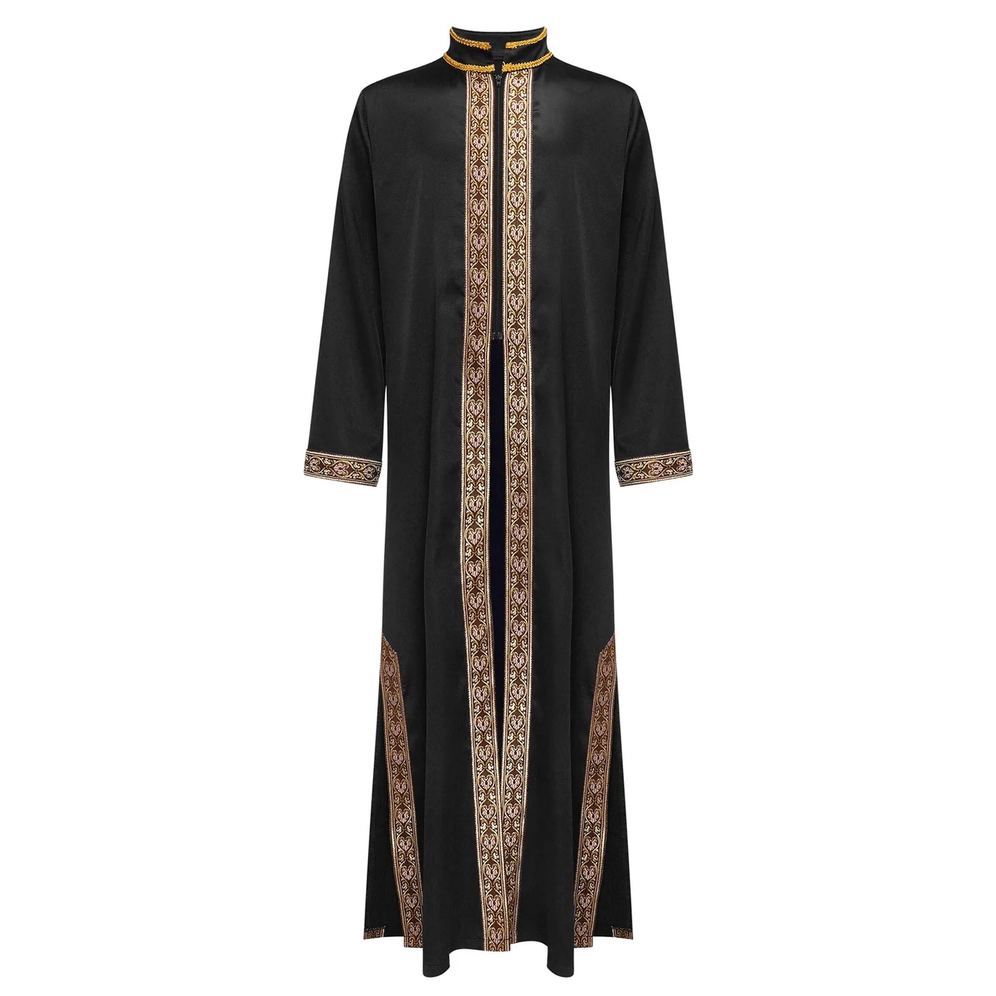 Boys Islamic Robe Kaftans Arab Gown Long Sleeves Slit Zipper Gold Embroidery Maxi Muslim Thobe Kids Festival Holiday Costume