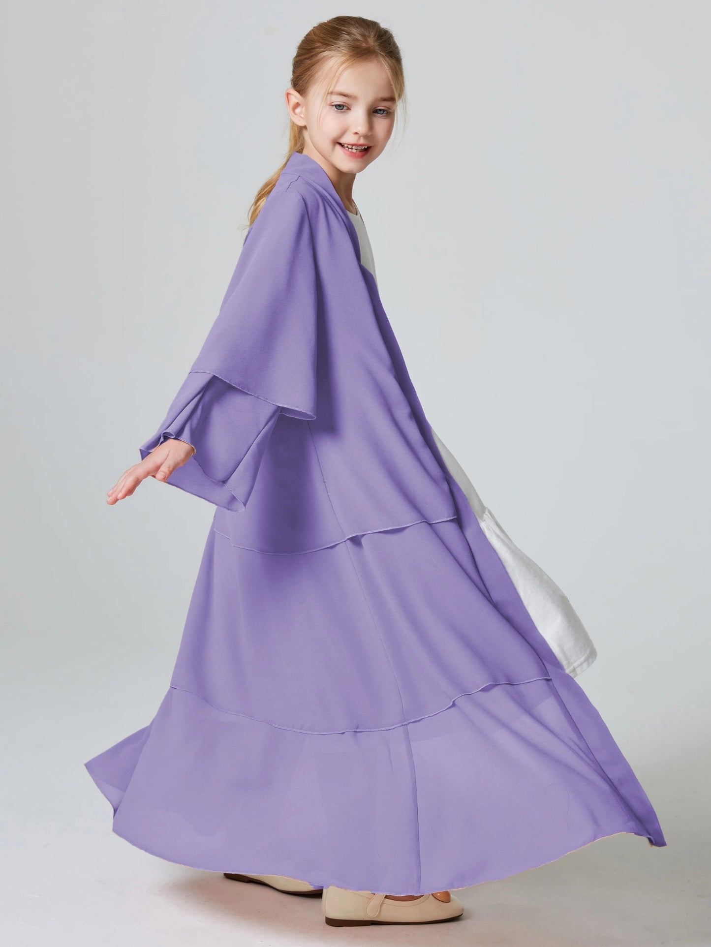 Ramadan Kebaya Muslim Girls Abaya 3 Layered Chiffon Kids Abaya Dress Open Front   Outerwear (Without Hijab)