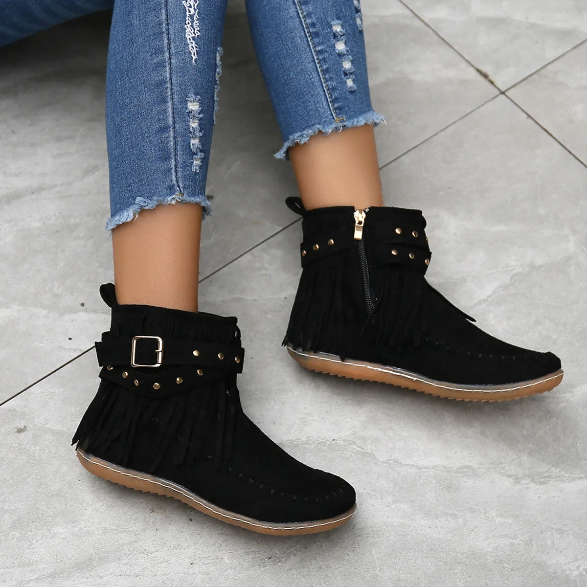 Botines Autumn Women Shoes Flat Heel Ankle Boots Retro Suede Tassel Women Boots Fashion Round Toe Soft Sole Short Boots Casual