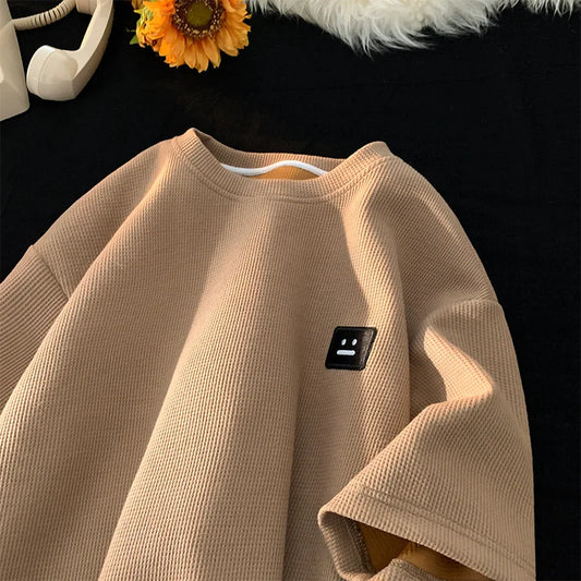 Men's Summer American Retro Waffle Short Sleeve T-Shirt Heavy solid color large size breathable loose casual half sleeve