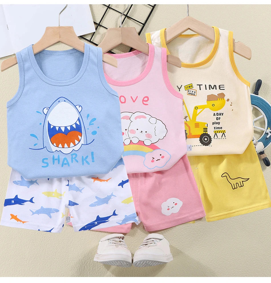 2025 New Kids Tank Tops and Shorts Set Summer Baby Toddler Sleeveless Outfit Girls Boys Casual Breathable Cartoon Clothing