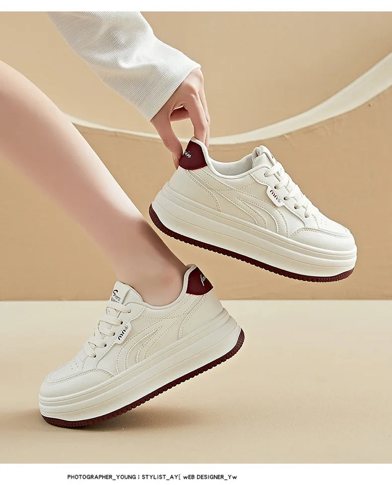 Women's White Shoes2025Autumn New Thick-Soled Platform Shoes Leather Surface All-Season Casual Sports Shoes for Women