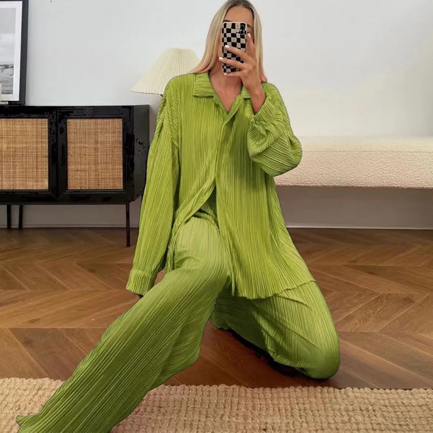 CM.YAYA Pleated Women's Set Long Sleeve Shirt Tops and Straight Wide Leg Pants Elegant Tracksuit Two 2 Piece Set Fitness Outfits