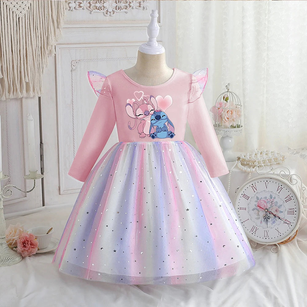 Stitch Princess Dress Autumn New Disney Baby Girls Dress Spring Autumn Long-sleeved For Children Kids Clothes Birthday Party
