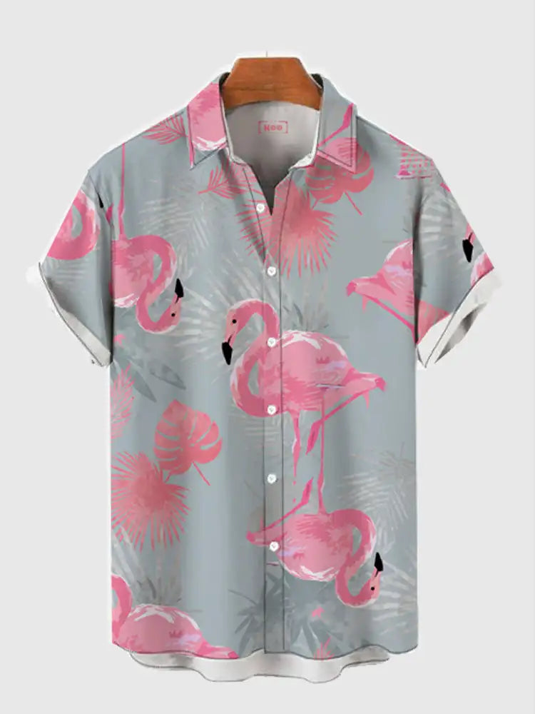Summer Flamingo Print Shirts Casual Polo Collar Men's Shirt Fashion Animal Print Shirt Hawaiian Beach Style Shirt 3D Print Shirt