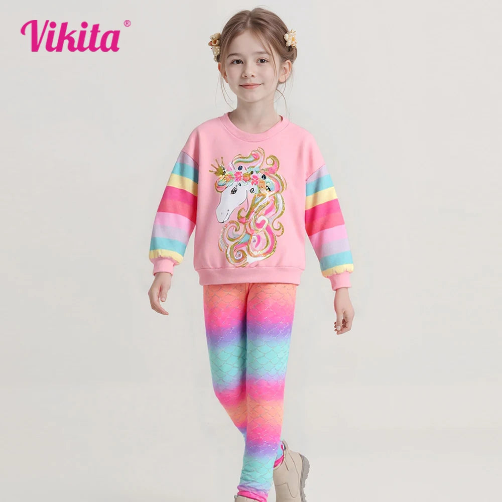 VIKITA Girls Cartoon Pink Outfits Kids Rainbow Striped Cotton Sweatshirt and Colorful Leggings Children Clothing 2 Pcs Sets