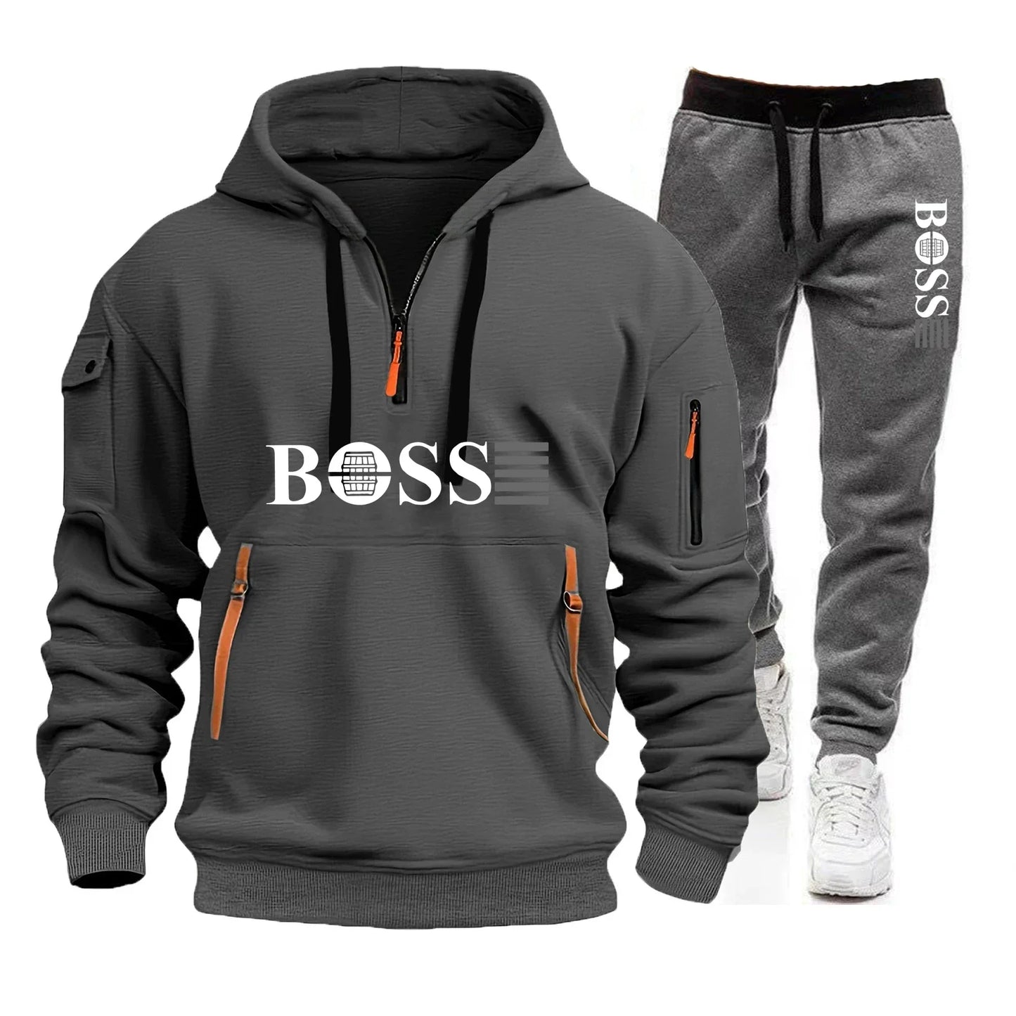 Men's Autumn and Winter New Pullovers Hoodie and Pants 2-piece Set, Outdoor Jogging Windproof Zipper Warm Men's Sportswear