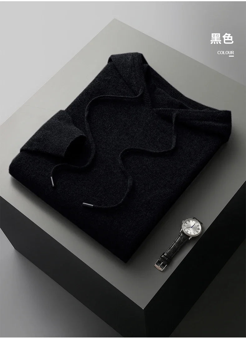 Men's One-piece ready-to-wear Hoodie 100% Merino Wool Knitted Sweatshirt Autumn Winter Casual Large Top Long Sleeved