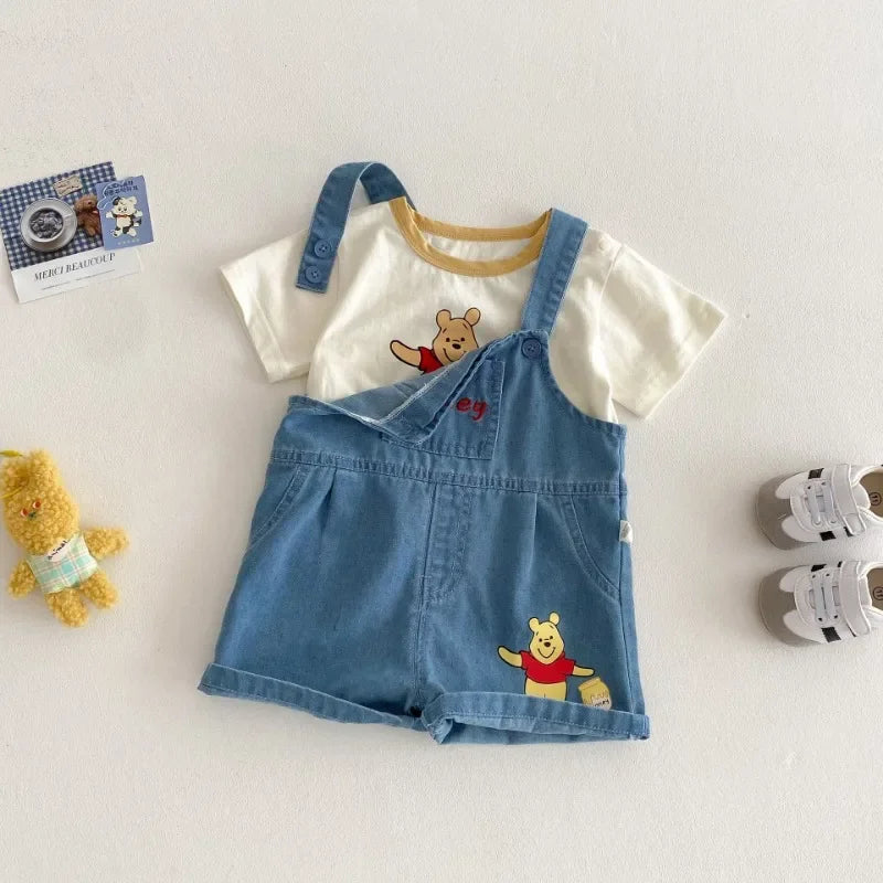 Baby Cartoon 2pcs Set for Summer Winnie Bear Short Sleeve T-shirt Loose Denim Straps Shorts Girl and Boy Clothes Set