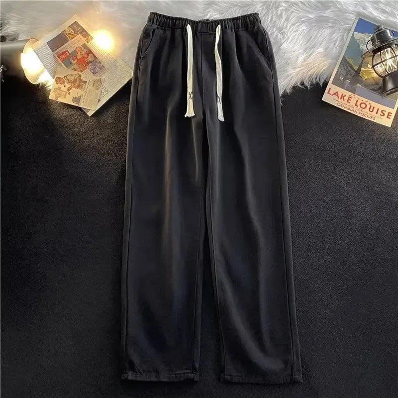 Trendy Loose Straight Leg Jeans Elastic Waist Slim Fit Wide Leg Pants Solid Color Summer New Arrival Versatile Casual Trousers