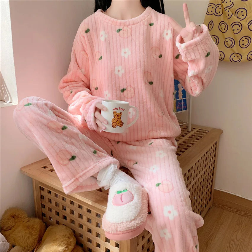 Thickened Coral Fleece Printed Sleepwear Set Women's Autumn Winter Fashion plus Size Warm Home Clothes Long Sleeve Long Pants