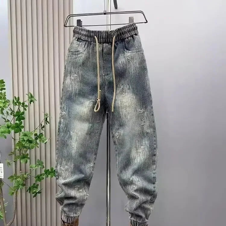 2025 Spring and Autumn Trendy Men's Versatile Cool and Trendy Washed Blue Casual Fashion Drawstring Loose Fit Jeans