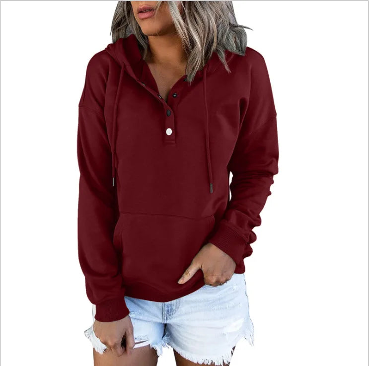 2023 Fashion Trend Long Sleeve Loose Casual V-collar Button Hooded Drawstring Pocket Hoodie