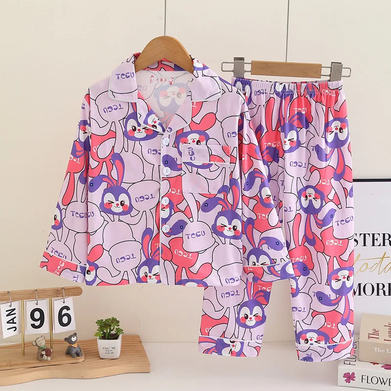 Cartoon New Spring Autumn Children's Pajamas Set Girls Boys Teenagers Stitch Long-sleeved and Pants Outside Home Clothes Set