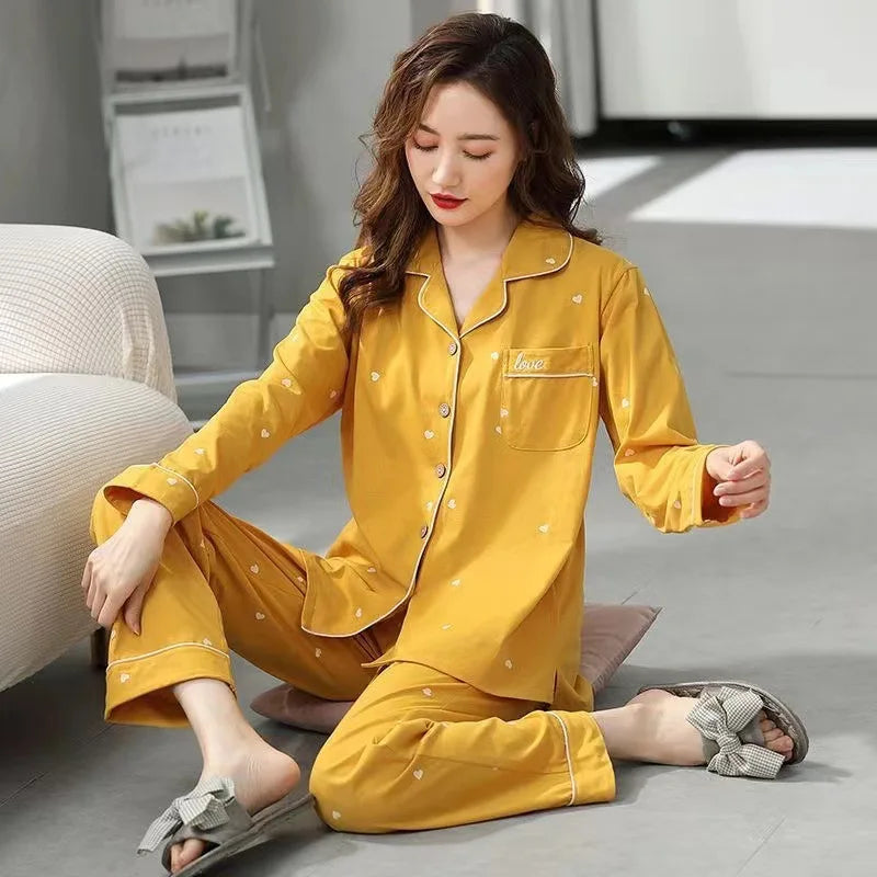 Ladies 100% Pure Cotton Long Sleeve Spring Autumn Lightweight Full Cotton Set Cardigan Sleepwear for Middle-Aged Mothers