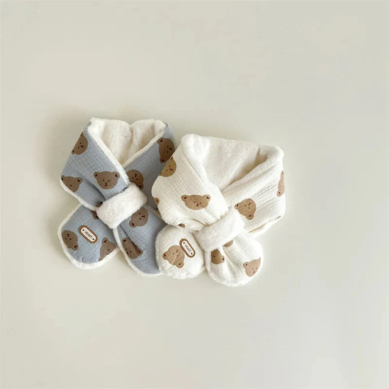 Cute Bear Baby Scarfs Winter Fleece Neck Warmer Cross Scarves for Girls Boys Toddler Kids Warm Accessories Korean 1-6 Years Old