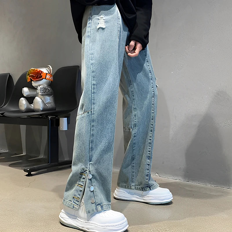 Men's Letter Embroidered Hip Hop Loose Jeans Casual New Broken Holes Streetwear Straight Denim Trousers Male Y2K Baggy Jeans