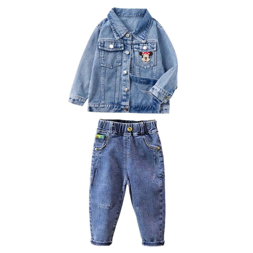 Children Clothing Sets Spring Autumn Baby Boys Girls Mickey Mouse Minnie Cotton Denim Jacket Coat + Jeans Pants 2pce Casual Suit
