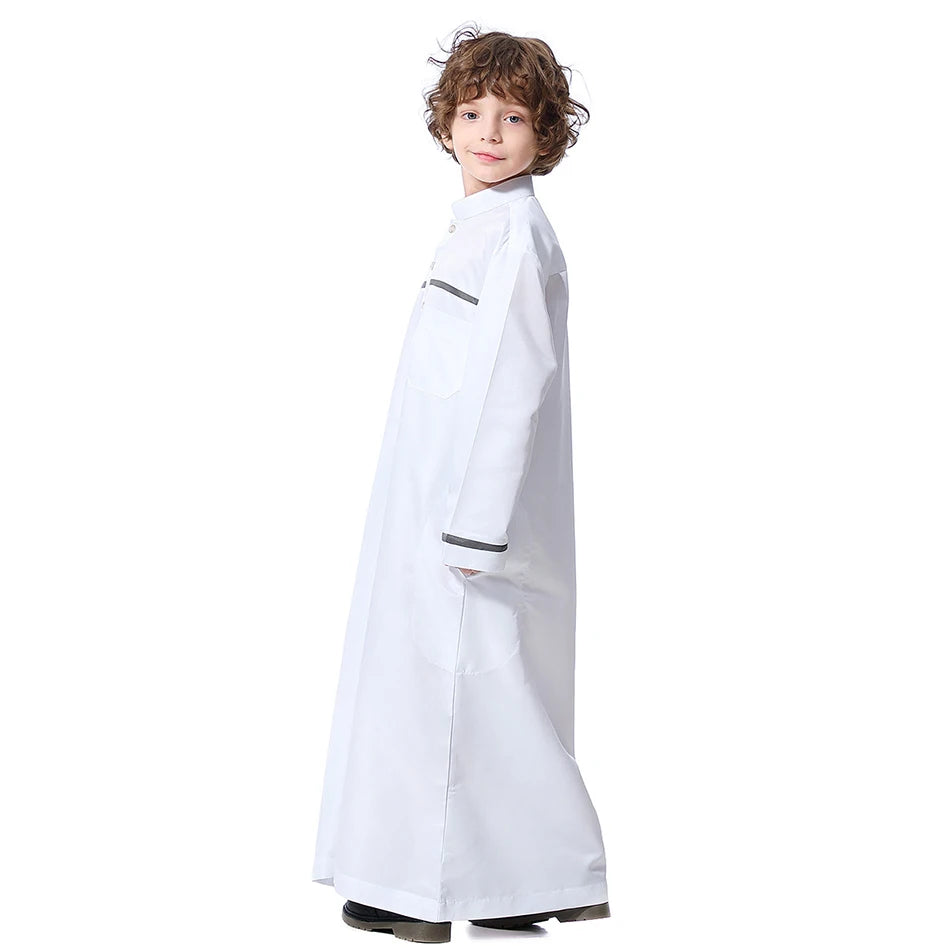 Ramadan Eid Islamic Boys Long Robe Children Traditional Arab Thobe Thawb Caftan Solid Color Long Sleeve Stand Collar with Pocket
