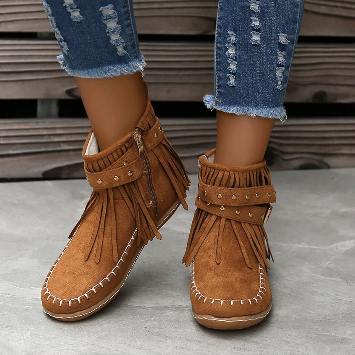 Botines Autumn Women Shoes Flat Heel Ankle Boots Retro Suede Tassel Women Boots Fashion Round Toe Soft Sole Short Boots Casual