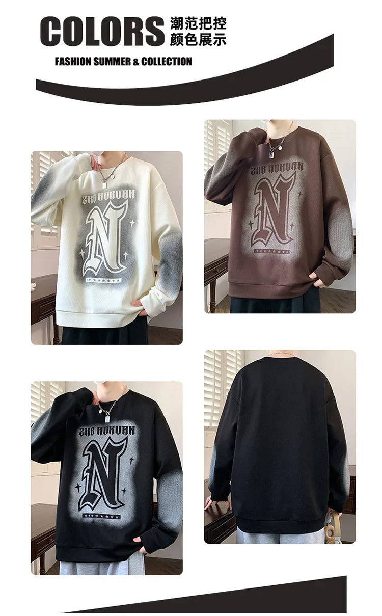 Trendy Men's Hoodie Fashionable Round-Neck Loose Casual Sweatshirt for Spring and Autumn Comfortable Youthful and Dynamic Top