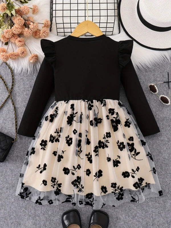 Spring Autumn Infant Toddler Girls round Neck Fly Sleeve Splice Flower Print Tulle Casual Dress for Baby Girls