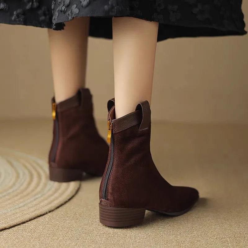 Scrub Ankle Boots Sheepskin Suede Pointed Toe Block Heel Chelsea Booties Fall Winter Suede Western Boots for Women