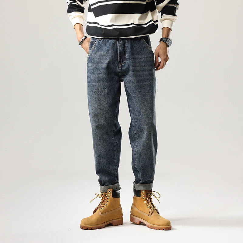Men's Tapered Jeans Fashion Streetwear Casual Pants Personality Vintage Blue Denim Trousers Hip Hop High Quality Male Clothes