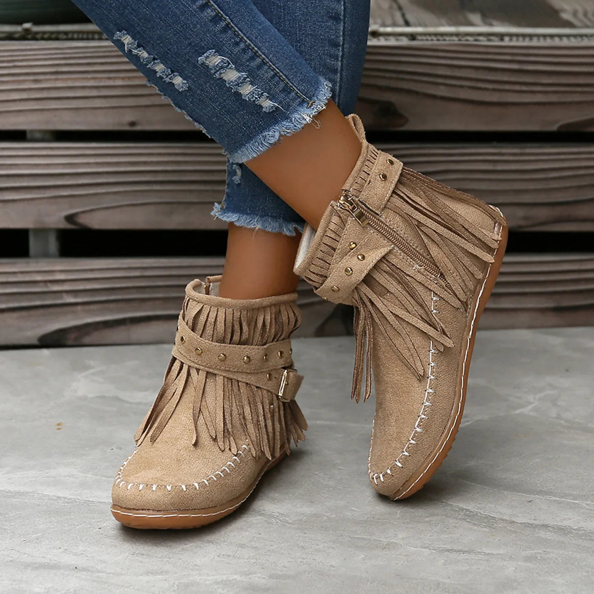 Botines Autumn Women Shoes Flat Heel Ankle Boots Retro Suede Tassel Women Boots Fashion Round Toe Soft Sole Short Boots Casual