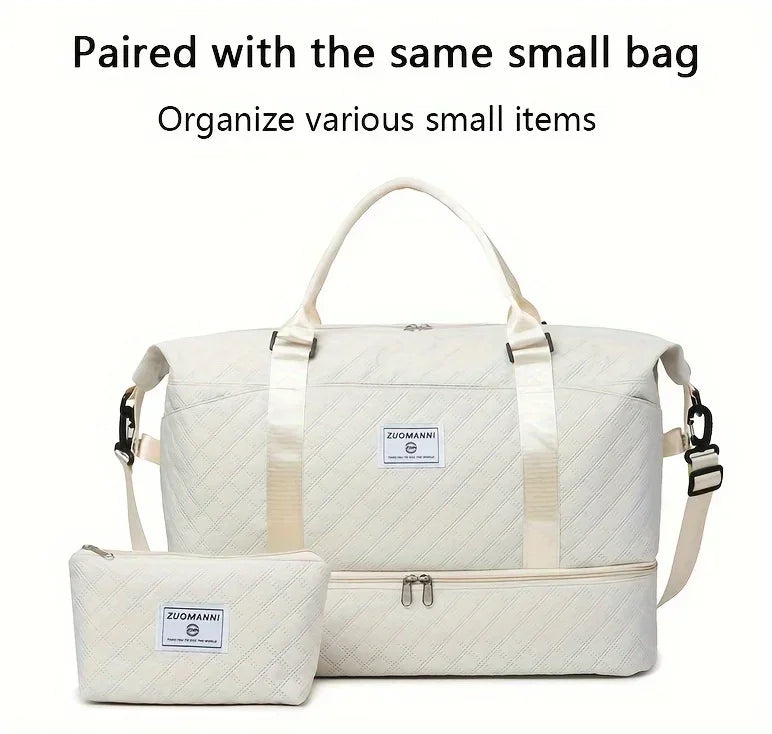 2pcs Set Large Capacity Travel Duffel Bag with Shoe Compartment and Cosmetic Pouch, Casual Nylon Gym Bag, Weekend Overnight Bag