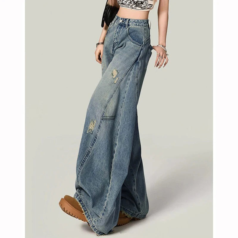 New Designer Women Thin Solid Jeans Girls Fashion High Waist Straight Leg Pants Lady Chic Ripped Baggy Denim Trousers