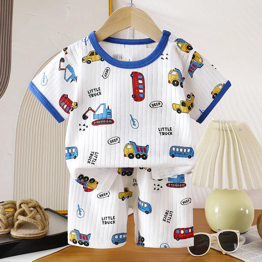 Kids Summer Pure Cotton Clothing Sets Boys Girls Cute Cartoon Short Sleeve T-Shirt Tops with Shorts Toddler Baby Casual Pajamas