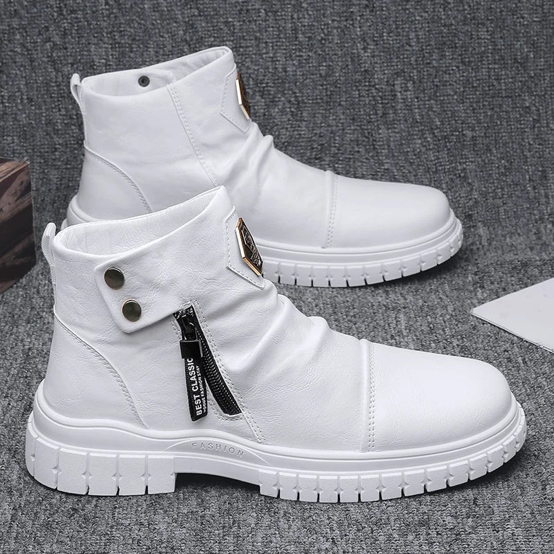 Fashion Mens Ankle Boots British Style High Top Casual Shoes Outdoor Walking Shoes Non-slip Work Boots Comfortable Leather Boots