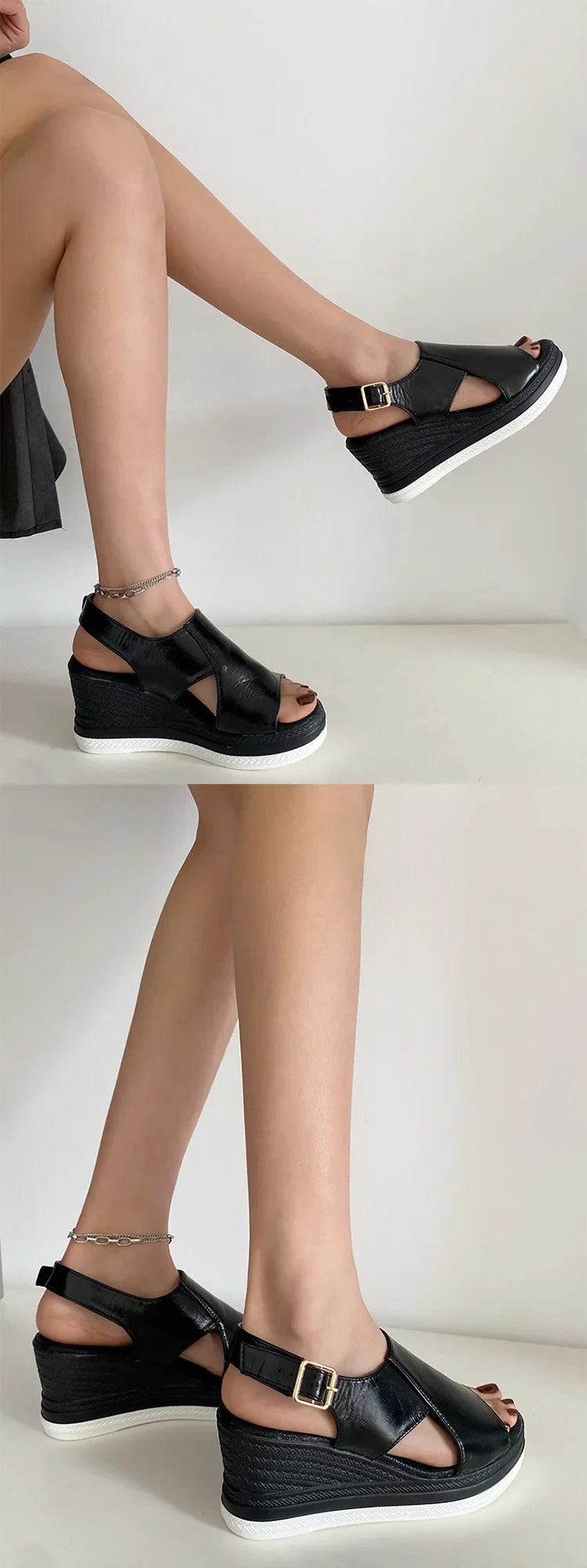 Women Shoes  Fashion Peep Toe Women Wedge Sandals Summer High-heeled Fish Mouth Shoes Soft Leather Height-increasing Beach Shoes