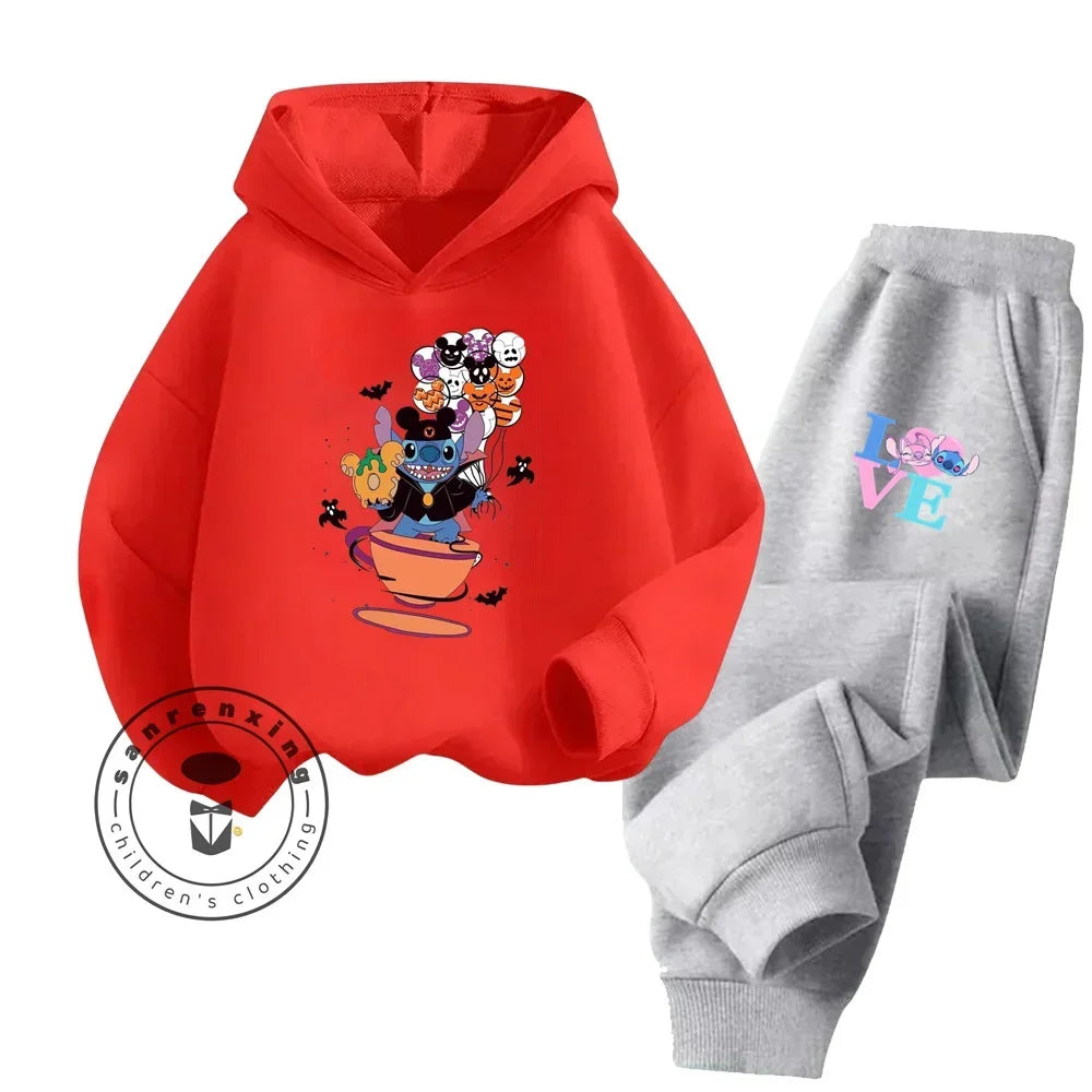 Cartoon Stitch Children Hooded Sweatshirt+Pants Two-piece Set Boy Girl Autumn Winter Daily Outdoor Vacation Warm Soft Sportswear
