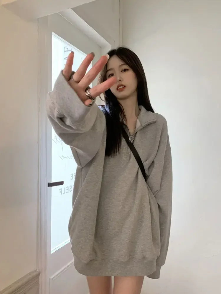 Gray Sweatshirt Women's Loose Polo Collar Lazy Style Autumn Winter New Arrival Missing Bottom Outerwear Long Length Female