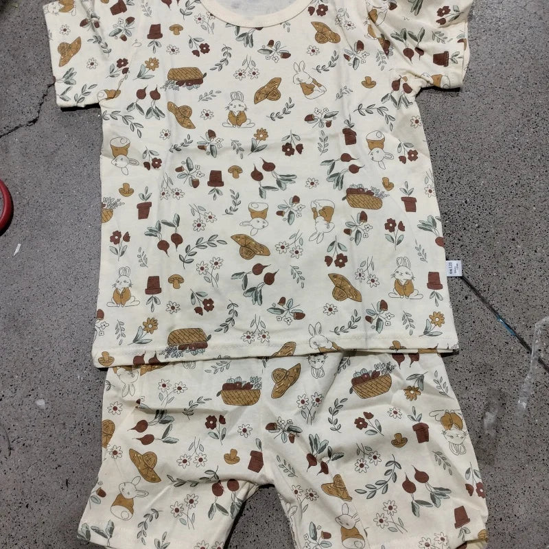 Summer Korean Nordic Style 0-5Y Kids Pajama Set Cotton Animal Print Pure Cotton Baby Girl Boy Sleeping Suit Casual Loose Clothes