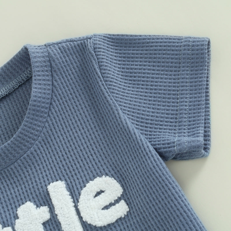 Tregren 0-3Y Toddler Boys Waffle Outfits Summer Short Sleeve Letter Print Tops + Drawstring Shorts Set Newborn Infant Clothes