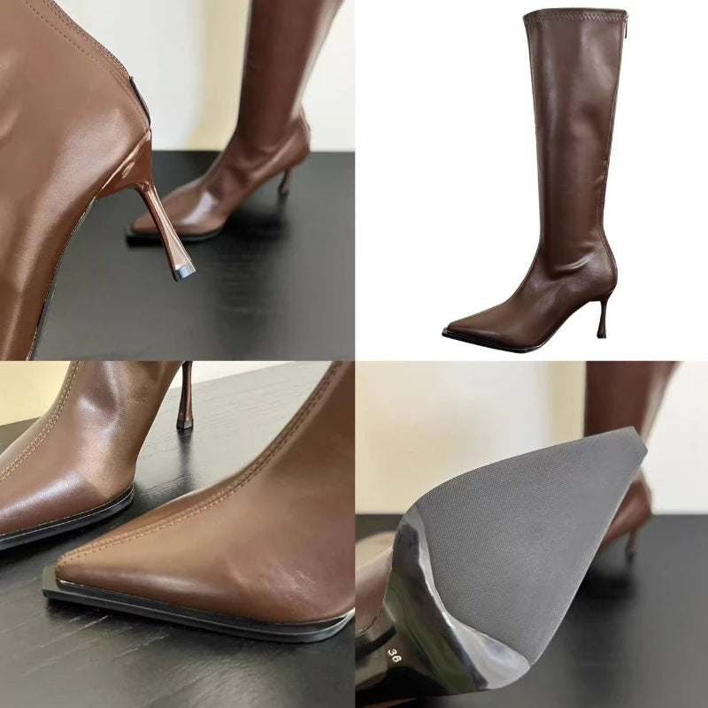 2025 New Women's High Heels Pointed Knee-length Female Boots Comfortable Stiletto Heel Soft Leather Women Shoes Zapatos De Mujer