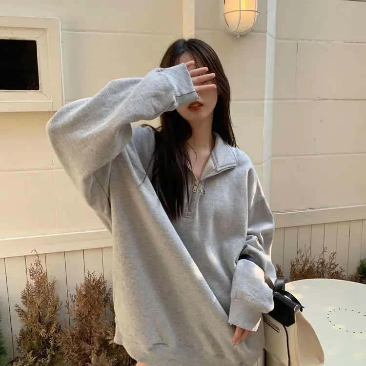 Gray Sweatshirt Women's Loose Polo Collar Lazy Style Autumn Winter New Arrival Missing Bottom Outerwear Long Length Female
