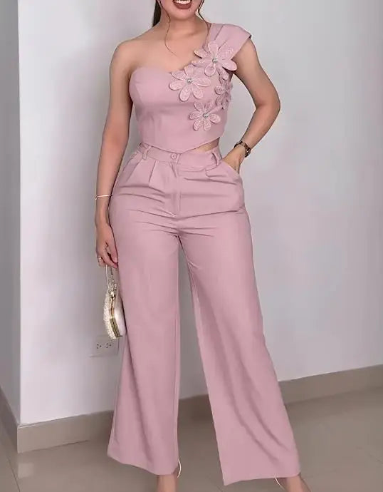 Summer Sloping Collar Decal Decoration Short Sleeveless Top and High Waist Wide Leg Pants Set for Women's Elegant 2-Piece Set